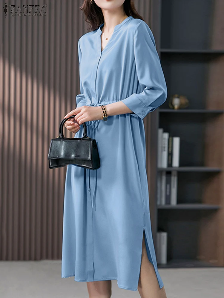 

ZANZEA Summer Fashion Solid Dress Woman 3/4 Sleeve V-Neck Vestidos Elegant Work OL Dresses Female Casual Party Robe Oversized