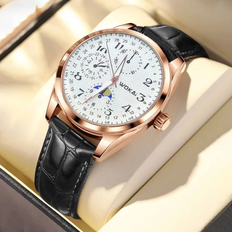 WOKAI high quality fashion Universe men's leather belt quartz watch Men