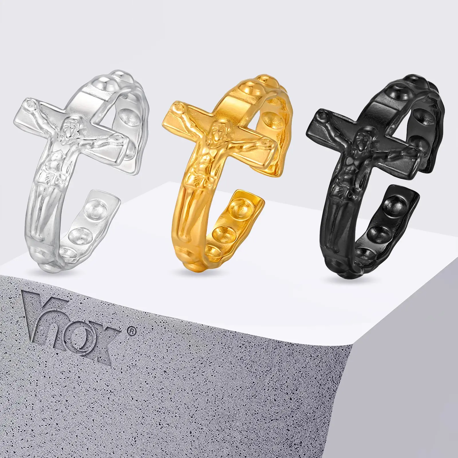 Vnox Edelstahl Offener Kreuzring für Herren, Verstellbarer Jesus-Kruzifix-Glaubensring, Schwarz-Gold-Silberfarbene Religiöse Ringe NEU