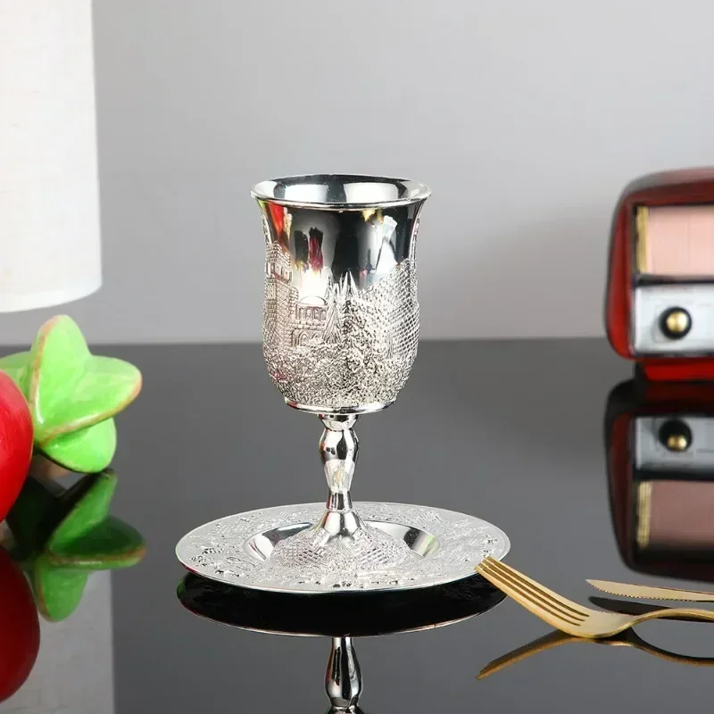Silver Plated Kiddush Cup Nickel Plated Wine Cup with Saucer Judaica Shabbos Wine Passover Shabbat Havdalah Holiday Gift