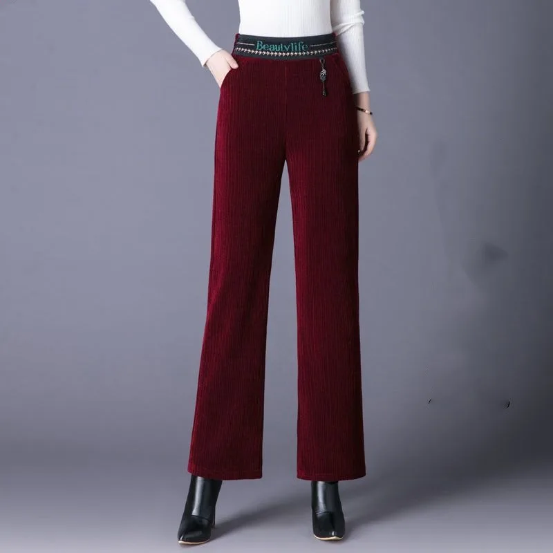 Women's Solid Color Elastic Waist Letter Pocket Striped Wide Leg Autumn and Winter Fashion Loose Thickened Office Lady Pants