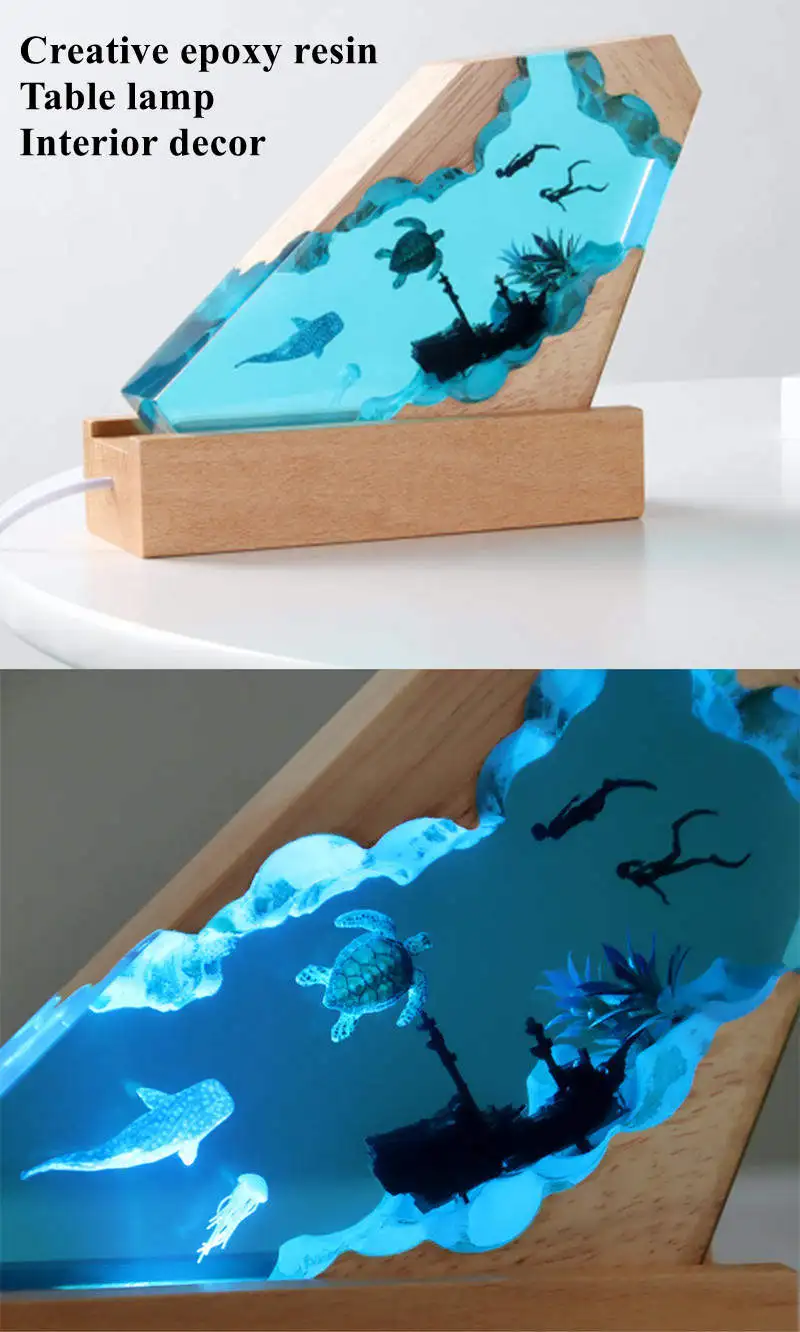 Seabed Organism Epoxy Resin Art Table Ornament Unique Deep Sea Exploration Diving Night Light Desktop Home Decor Birthday Gift