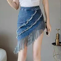 New fake two-piece high waist tassel denim skirt skirt women spring and summer stretch hip wrap skirt Korean shorts skirt - Image 3