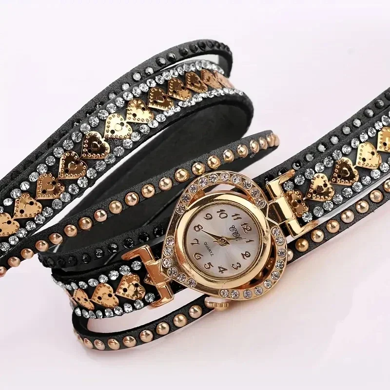 Fashion Rhinestone Womens Watch Long Leather Bracelet Quartz Watches