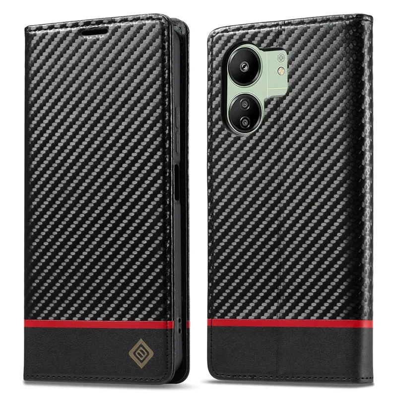 Phone Case Leather Phone Case Leather Wallet Case Leather Case Carbon Fiber Case Carbon Fiber Wallet Flip Phone Case For Xiaomi Poco M6 Pro 4G C65 X6 X3 NFC X5 PocoX6 Pro 5G Cover Leather Protective Card Bag