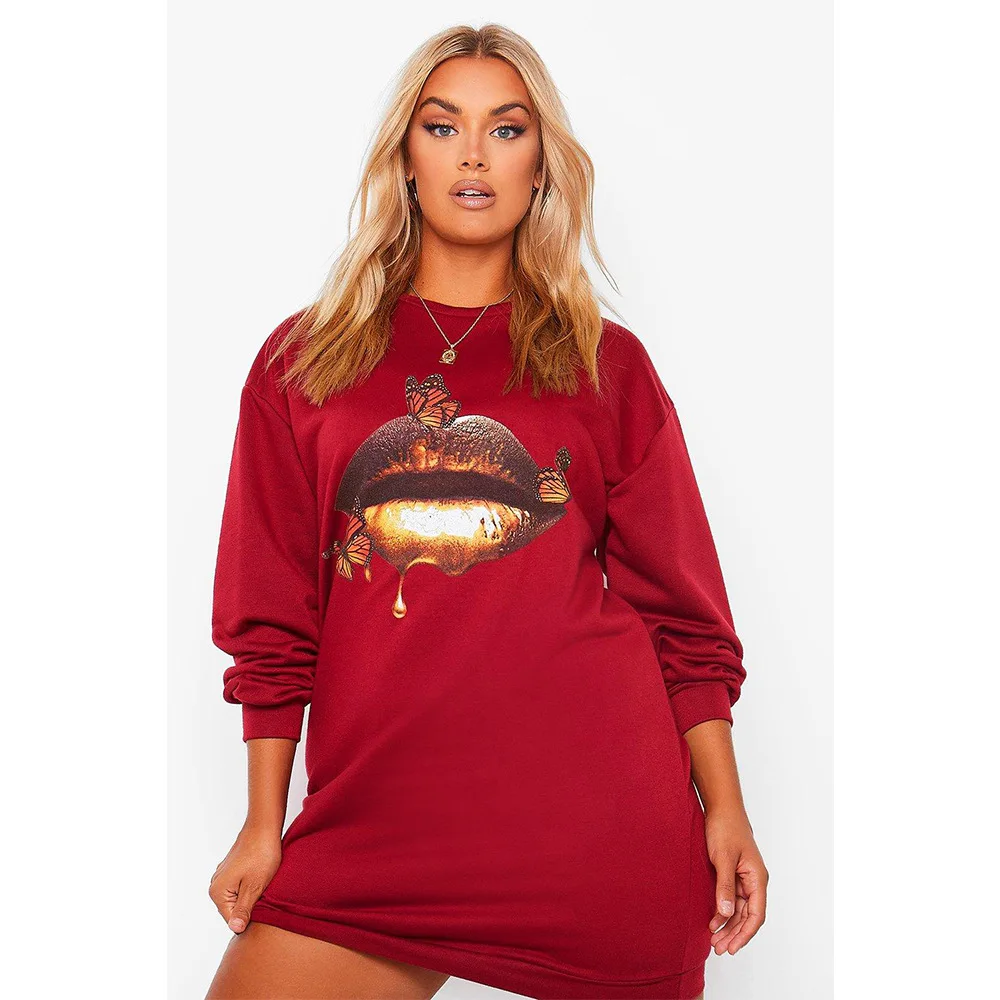 

Autumn and winter Casual Lips Printed Loose Sweater Dress
