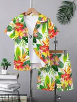 Chemise à manches courtes à col boutonné pour enfants, motif cocotier, style hawaïen, pour les vacances à la plage, été, + shorts, vêtements pour garçons 2
