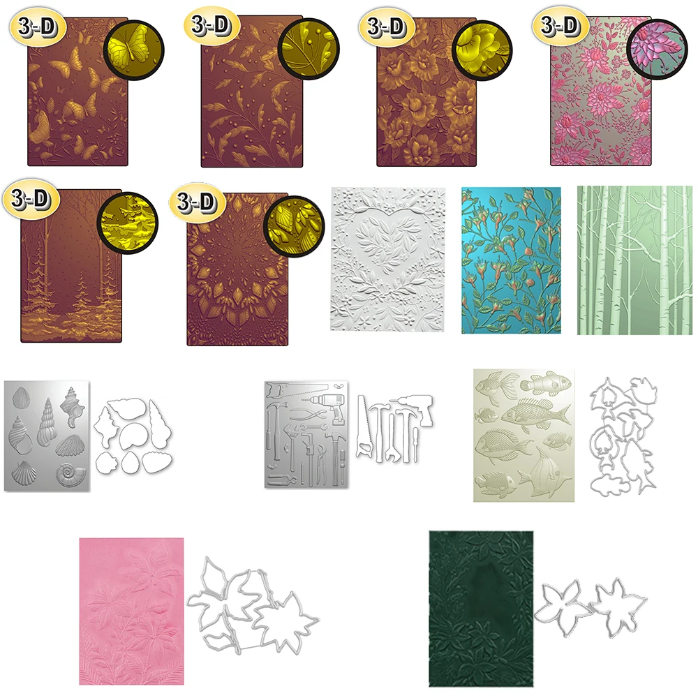 3D Embossing Folder Vintage Blossom Leaves Tree Fishes Shell Pattern Background for DIY Adding Texture Paper Card Craft Making
