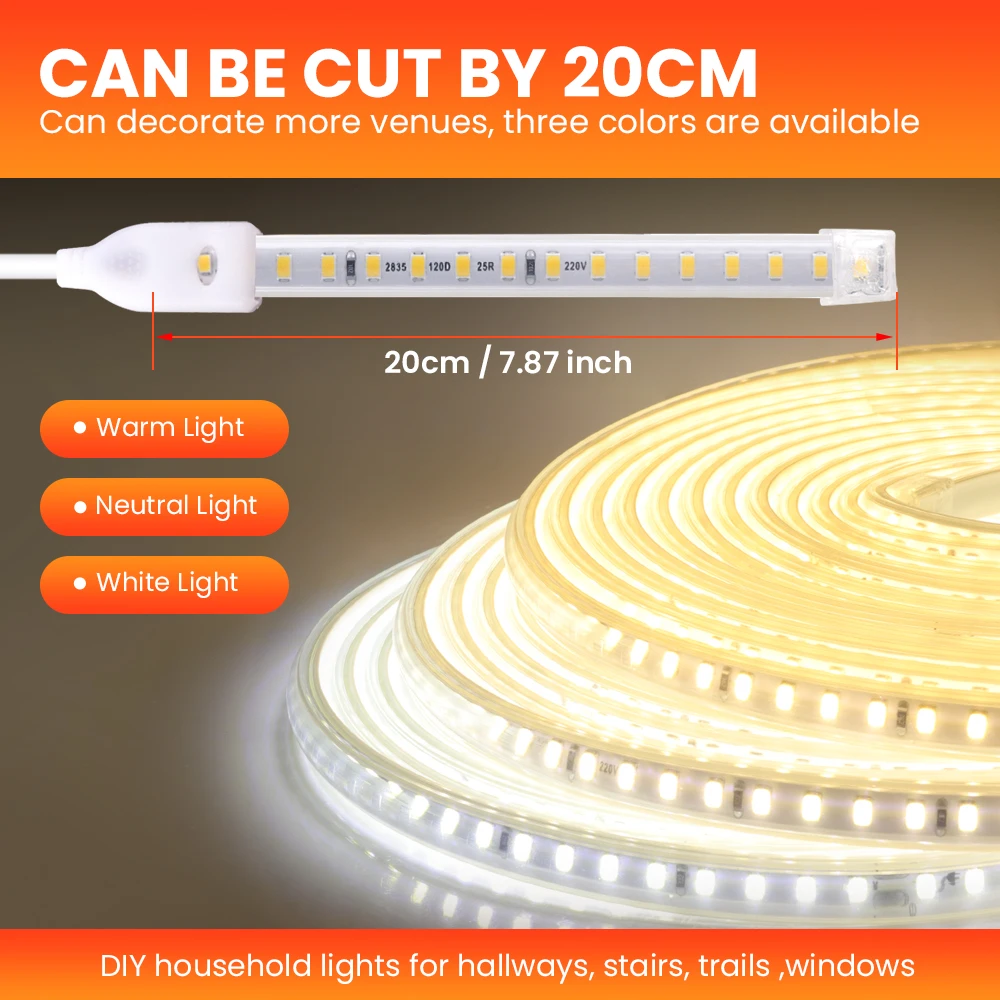 

20CM Cuttable AC 220V LED Strip Waterproof 120leds/m SMD 2835 Flexible Ribbon Tape Light For Garden Bedroon Kitchen Decor