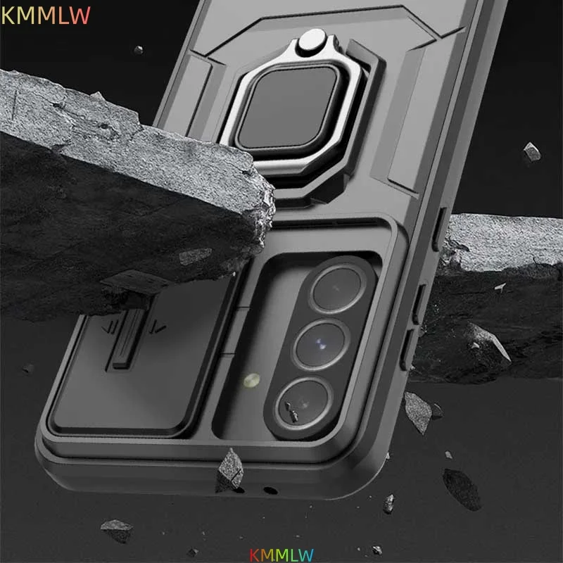 Shockproof Magnetic Ring Holder Armor Case with Slide Lens Camera Protection Cover