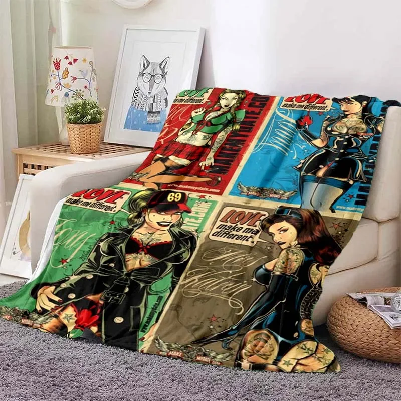 

Retro Sticker Motorcycle Girl Flannel Soft Blanket Warm Retro Blankets for Beds Bedroom Living Room Sofa Blanket Travel