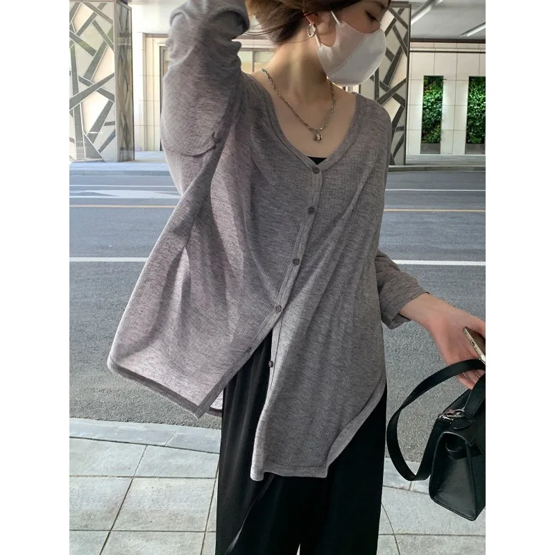 Long Sleeve Shirt Cardigan Women Thin Jacket Tops Sun Protection Clothing V-neck Sweater Buttons Korean Fashion Tops Black Gray