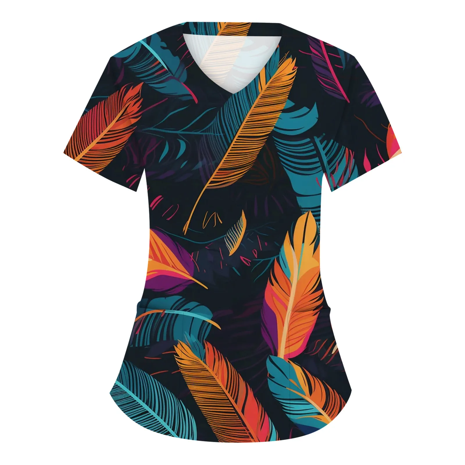 

Women Nursing Uniform Feather Printed Short Sleeve Pockets Scrubs Tops Medical Care Workers Working Workwear Surgical Uniforms