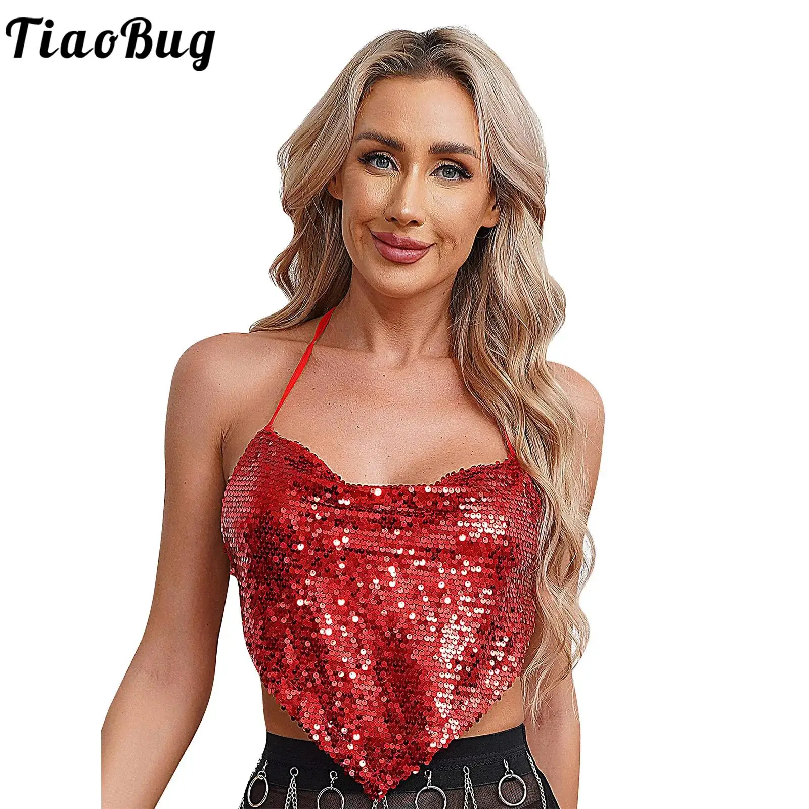 

Womens Glitter Sequin Draped Crop Top Backless Lace-Up Inverted Triangle Camisole Wrapped Chest Top for Club Party