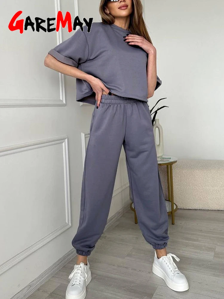 Casual Summer Women's Oversize Trouser Suit Cotton Gray White Classic Top and  Pants Tracksuit Two Piece Set Women 2025 Outfits
