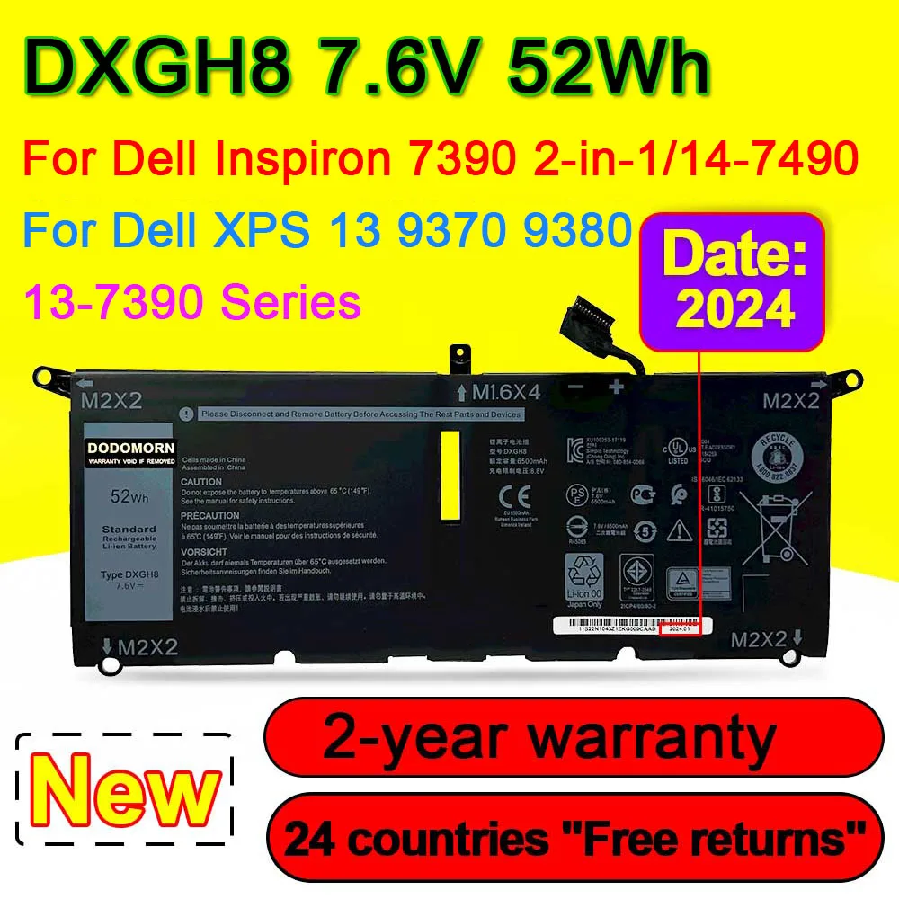 

Аккумулятор для ноутбука DELL XPS 13 7390 9370 9380 dell Inspiron 7390 2 в 1 7490 DXGH8 G8VCF H754V 0H754V 7,6 V 52Wh