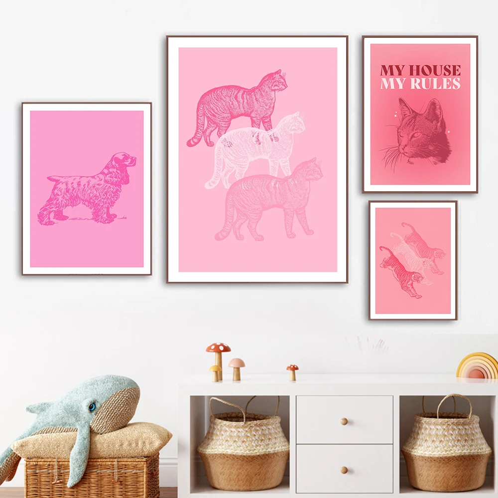 

Pink Cocker Spaniel Minimalist Art Print Retro Aesthetic Tiger Poster Cat Animal Cute Modern Bed Room Home Decor Canvas Painting