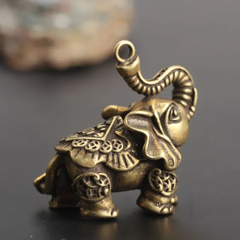 Vintage Brass Auspicious Elephant Pendant Keychain Metal Animal Keychain
