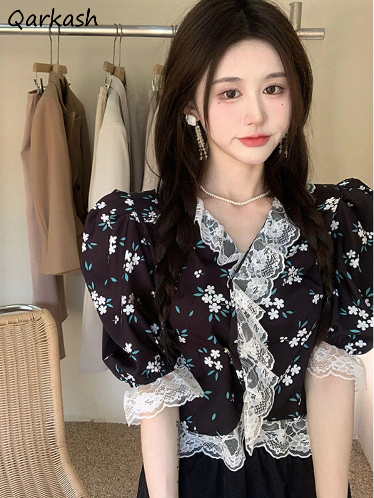 

Lace Floral Shirts Women Summer Crop Tops Elegant Aesthetic for Ladies Design Short Sleeve Thin Clothing Ropa Mujer Ulzzang New