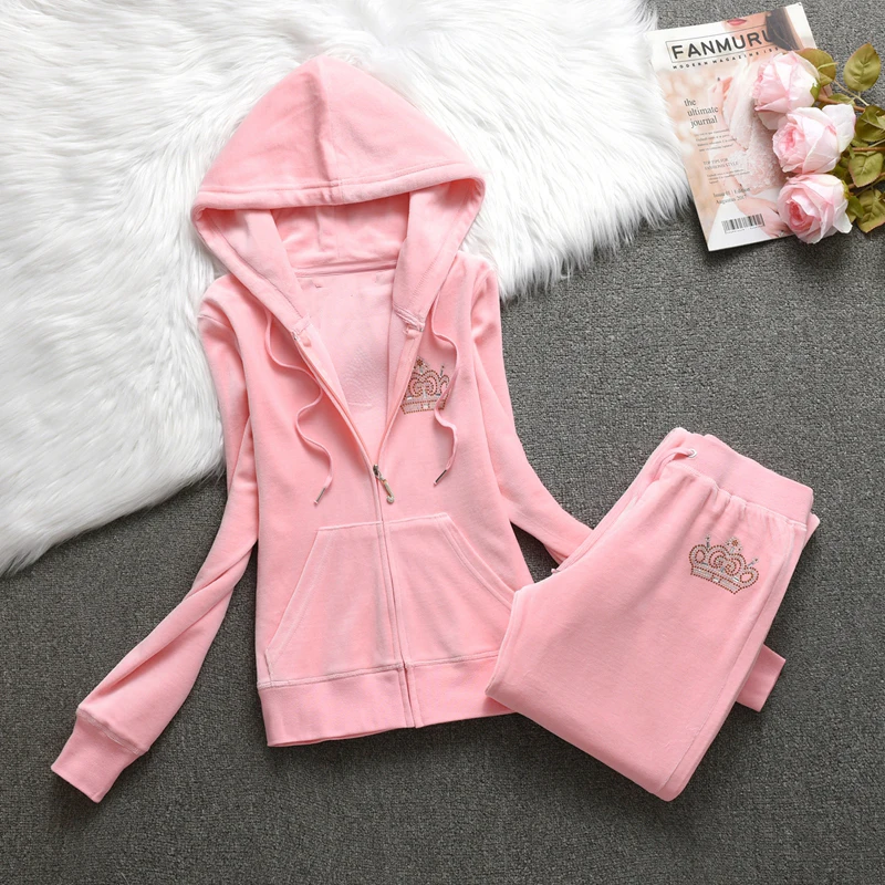 2025 Women Hooded Velvet Tracksuit Warm Two-Piece Set Velvet Tracksuit Crystal Pattern Jacket + Casua Long Pants 2Pcs 6