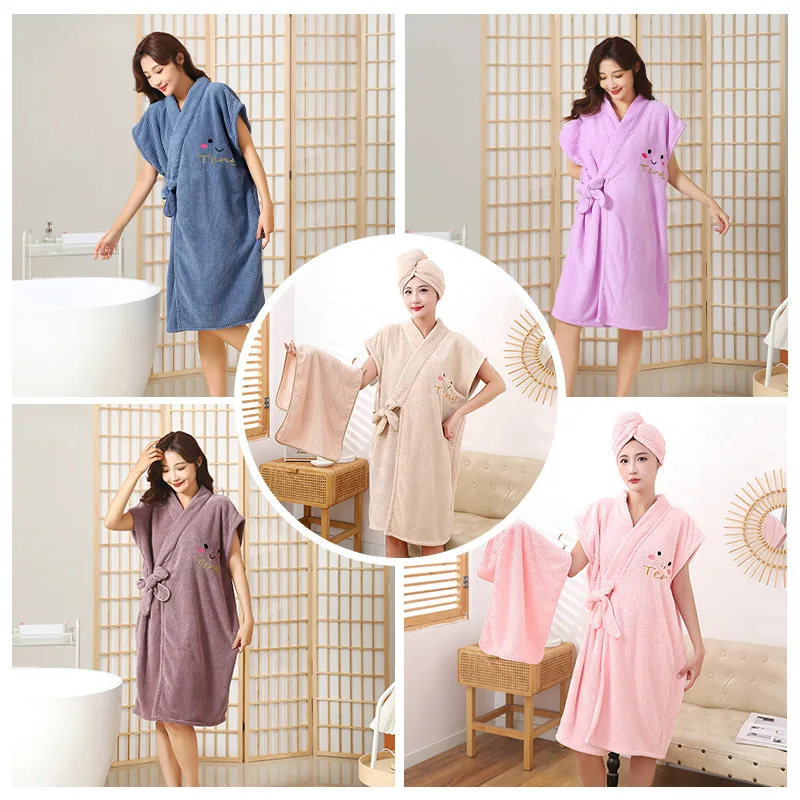 Bath Towel New pineapple check bathrobe women can wear bath towel coral velvet thickened home cross binding shower skirt dry hair cap