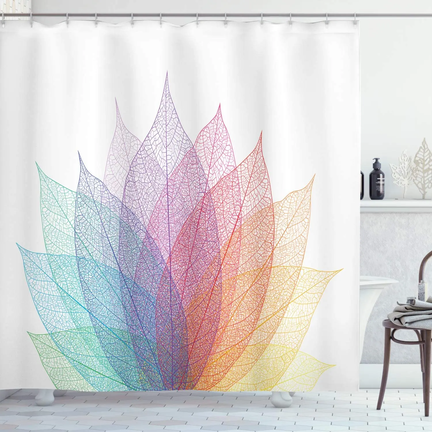 

Abstract Shower Curtain, Leaf Abstract Artwork 4 Season Flora Delicate and Nature Theme, Cloth Fabric Bathroom Decor S