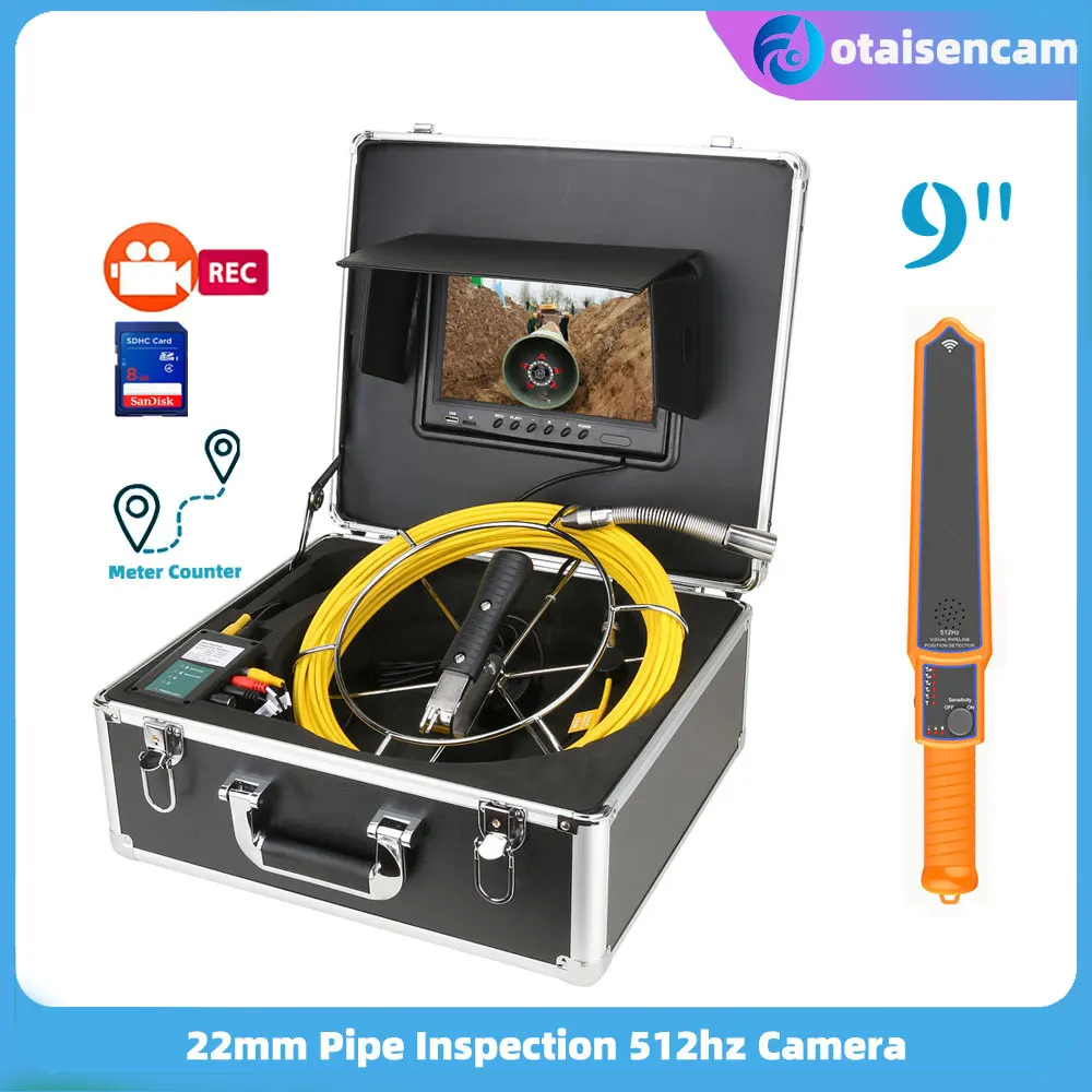 

9" Monitor DVR Sewer Pipe Inspection Video Endoscope With Meter Counter 512HZ Locator 22MM IP68 HD 1000TVL Camera 12PCS