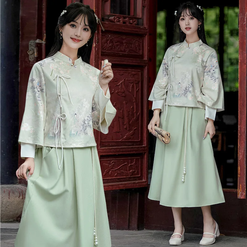 New Chinese Style Costumes Print Cheongsam Shirt Green Tang Clothes Young Girl Improved Hanfu Tops Loose Women Qipao Tops