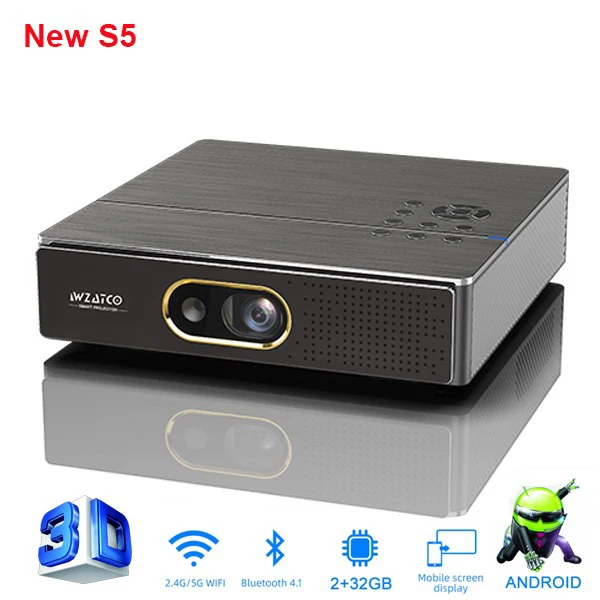 small projector WZATCO S5 DLP 3D Projector 4K 5G WIFI Smart Android9.0 for Home Theater MINI Beamer Full HD 1080P Video lAsEr Portable Proyector apple projector Projectors