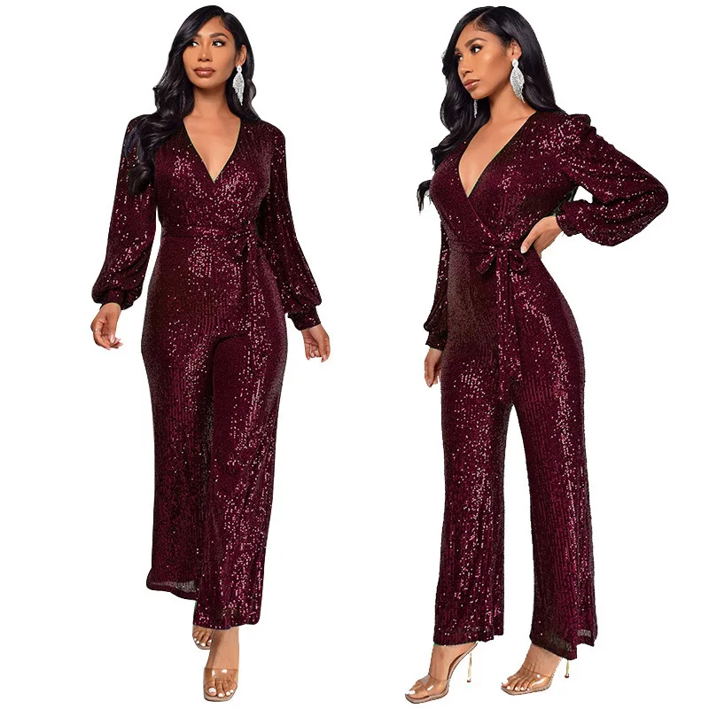 Hot Sale Sexy Long Sleeve V-Neck Luxury Sequin jumpsuit for women party Wide Leg jumpsuits 2023