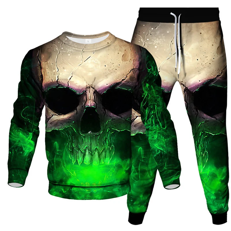 Fashion Skull Fire 3D Print Men's Sportswear Set Casual Long-Sleeved T Shirt Pants 2-Piece Set Oversized Pullover Men Clothing 4