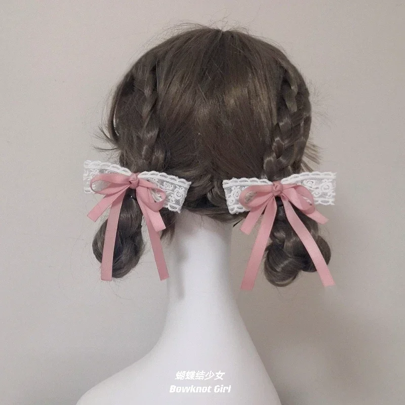 

Cute Lace Bow Ribbon Hairpin Double Ponytail Japanese Sweet Girl Side Headband Clip Broken Hair Accessories