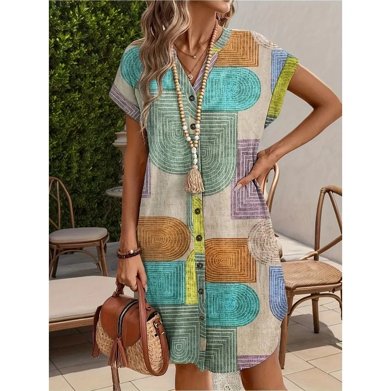 زائد حجم 1XL-5XL خمر المطبوعة فساتين نسائية أزياء التنقل المنسوجة الخامس الرقبة زر فستان القميص