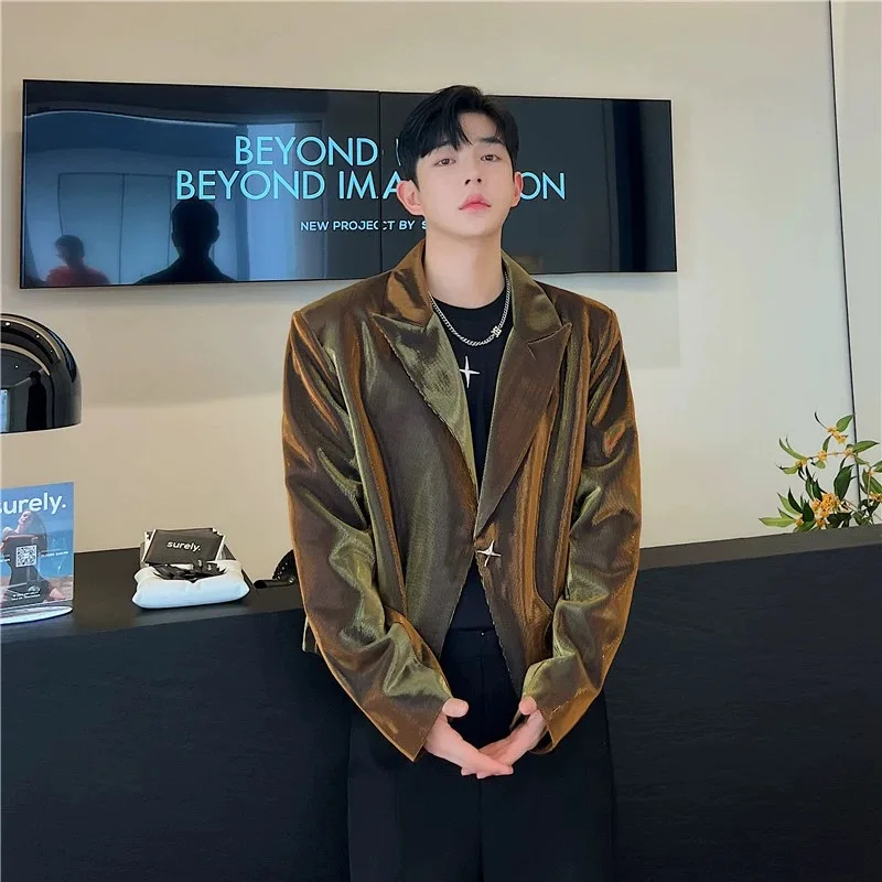 Sexy Allure Holographic Men Blazer Jackets Ins Y2K Bling Bright Trendy Coat Social Business Formal Dinner Party Tops Outerwear