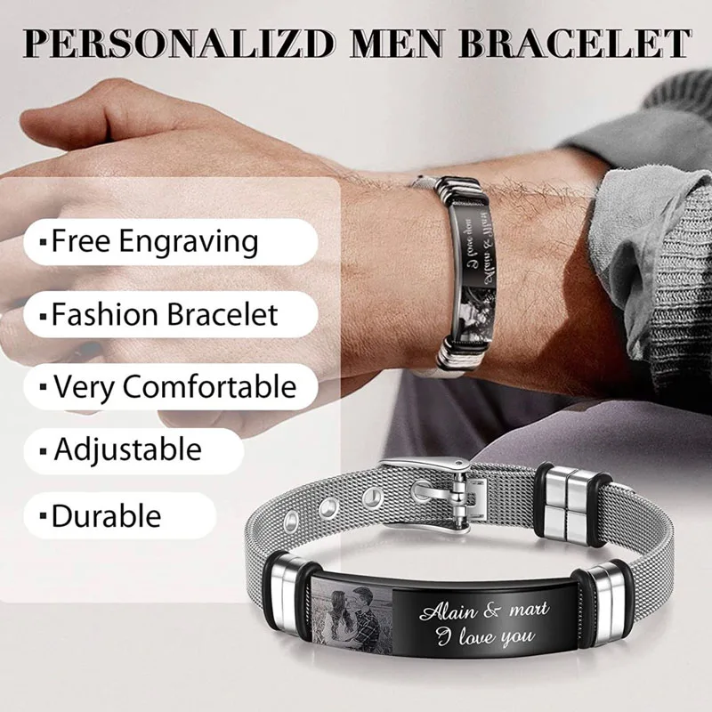 Custom Stainless Steel Bracelet for Men Personalized Engraved Photo Text Bracelets Adjustable Men's Family Bracelet Gifts