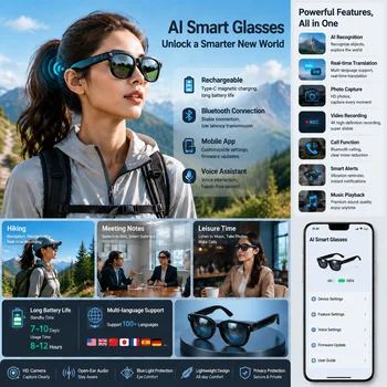 Occhiali Intelligenti con Fotocamera da 800W Pixel per Uomo, Registrazione Video, Riconoscimento Foto AI, Chiamate Bluetooth, Traduzione Vocale, Occhiali da Sole