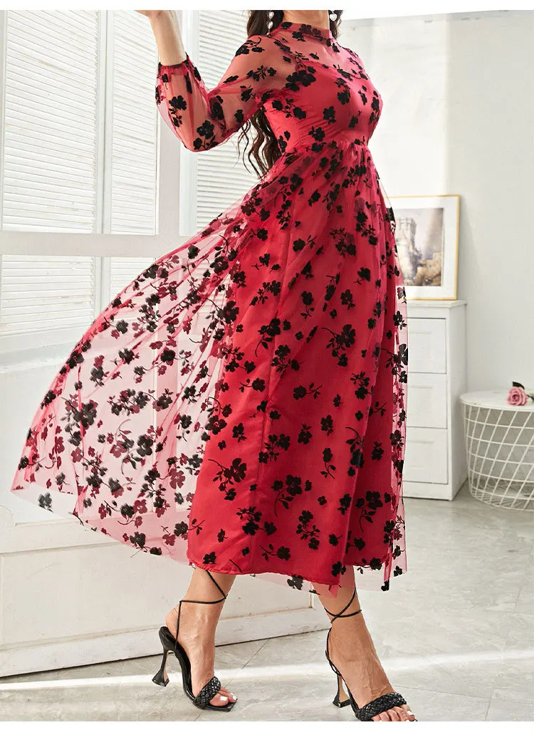 Lace Cutout Sexy Woman Dress Floral Long Sleeve Dresses Loose Long Vestidos Robes 2022 christmas sweatshirt