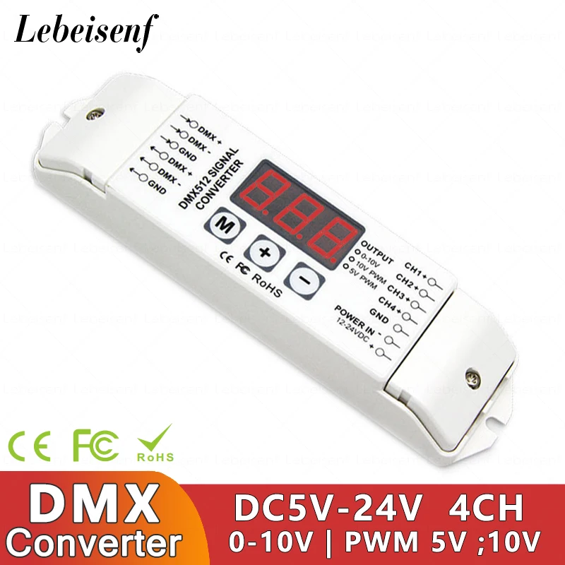 

Independent 4-way DMX Signal Decoder DMX512/1990 to 0-10V PWM 5V 10V DMX512 Converter Driver Controller DC 12V 24V 10mA 20mA 4CH