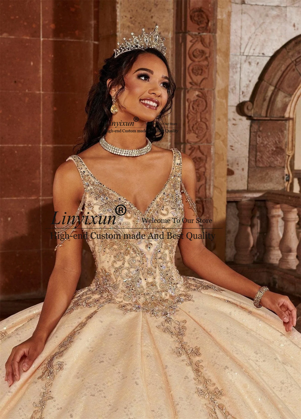 V Neck Cape Sequins Quinceanera Dresses Lace Appliques Princess Ball Gown Sweet 16 Dress Lace-Up Court Train Vestidos De 15 años