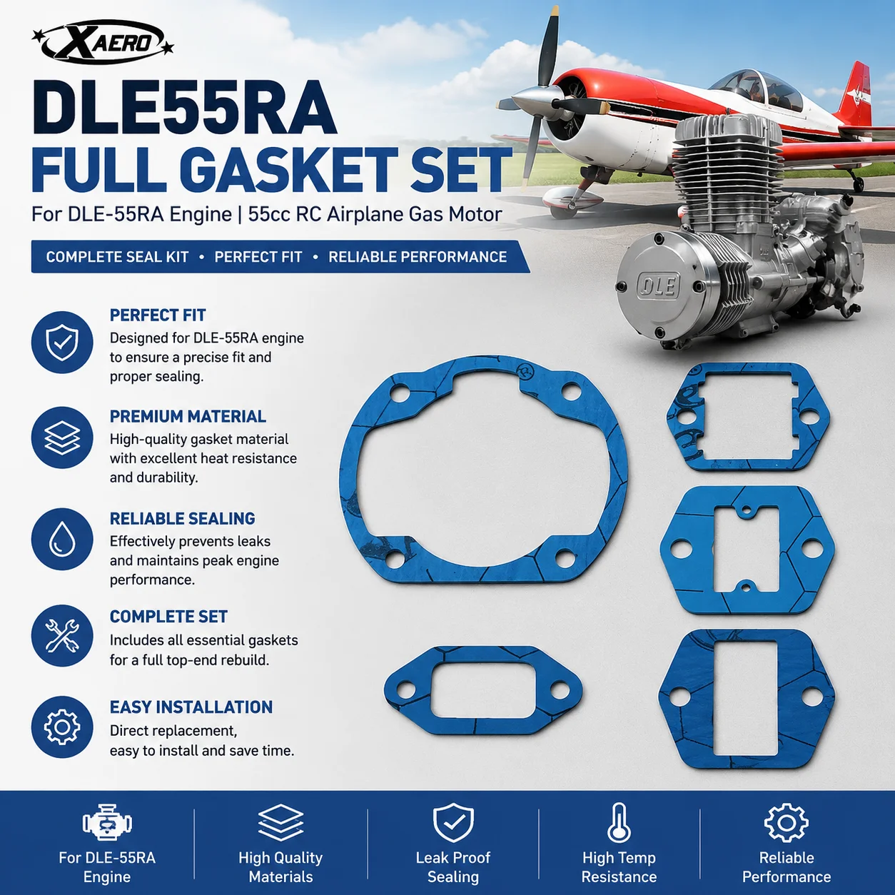DLE55RA Komplettdichtungssatz für DLE-55RA-Motor, 55 cc RC Flugzeug Gasmotor Dichtungssatz, Zylinderkopfdichtungen Unterlegscheiben Ersatzteile