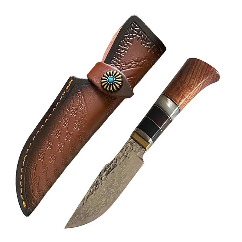 

Damascus Steel Sharp Blade Natural Sandalwood Handle Outdoor Camping Tactical Hunting Fixed Knife Straight Tool For Self Defense