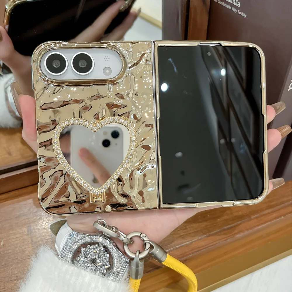 Elegant Heart Mirror Diamond Stand Case with Lanyard - Shockproof and Durable Cover