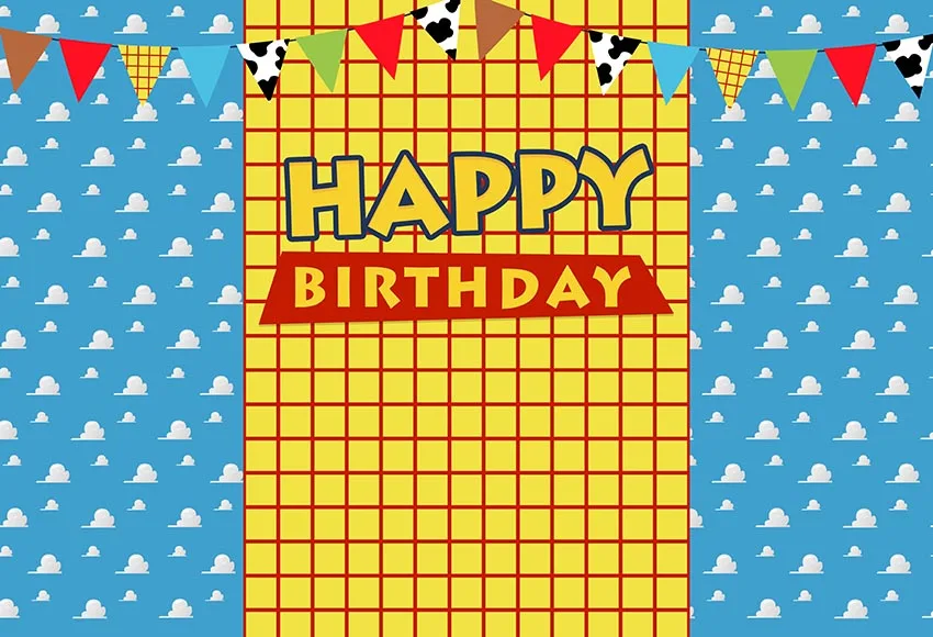 7 X5Ft Happy Birthday Boy Story Yellow Checkers Cartoon Clouds Sky Custom Photo Studio Fondali Sfondi Vinile 220Cm X 150Cm