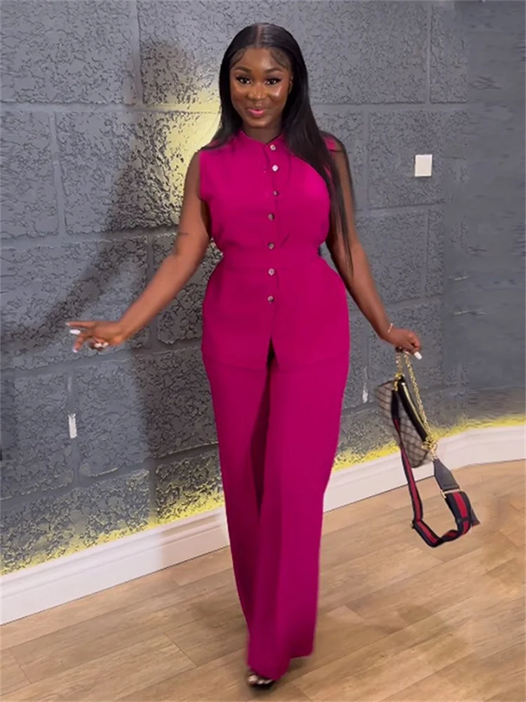 Wmstar Two Piece Set for Women Long Pants Stand Up Collar Button Sleeveless Waist Tie with Wide Legs Wholesale Dropshipping 2024