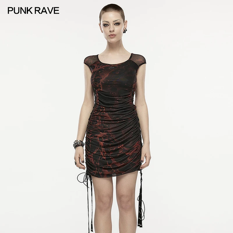 

PUNK RAVE Women's Two-piece Wormhole Print Gauze Eyelet Webbing Drawstring Design Dress Gothic Daily Sexy Small Summer