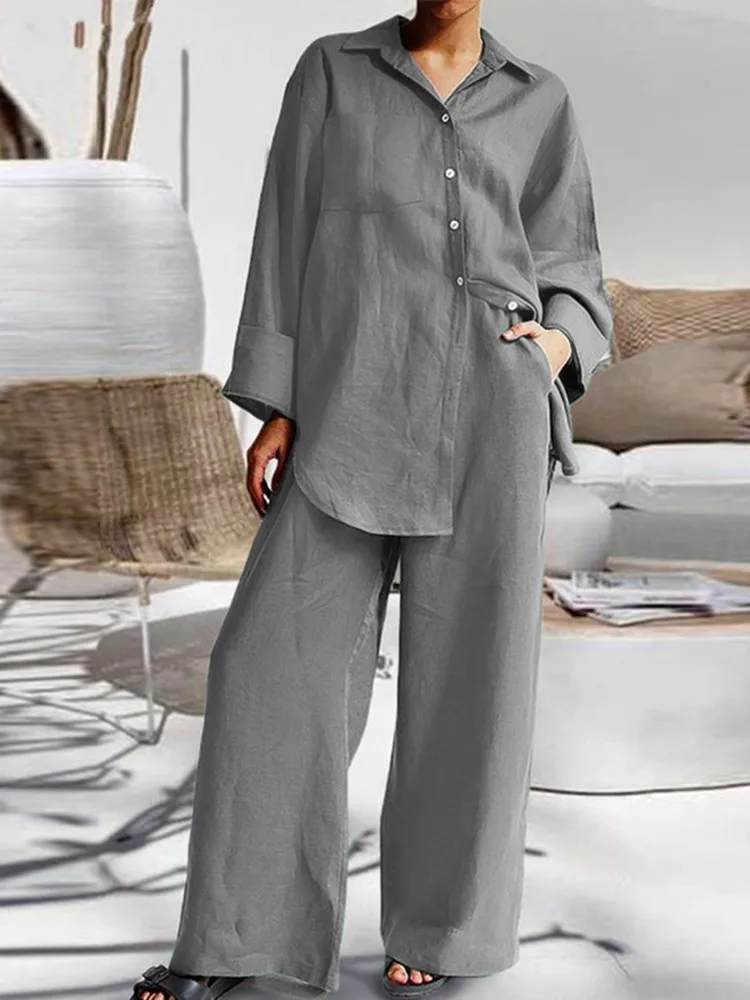 2024 Cotton Set Women's Suit Casual Lapel Shirt Top Blouse Loose Trouser Two-piece Set For Women Elegant Outfits Pants Women's