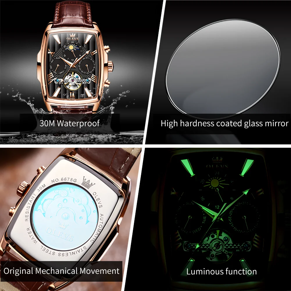 OLEVS Orologio Automatico Uomo Meccanico Con Calendario, Impermeabile 3ATM, Luminoso, Cinturino Pelle, Bicolore Nero/Oro