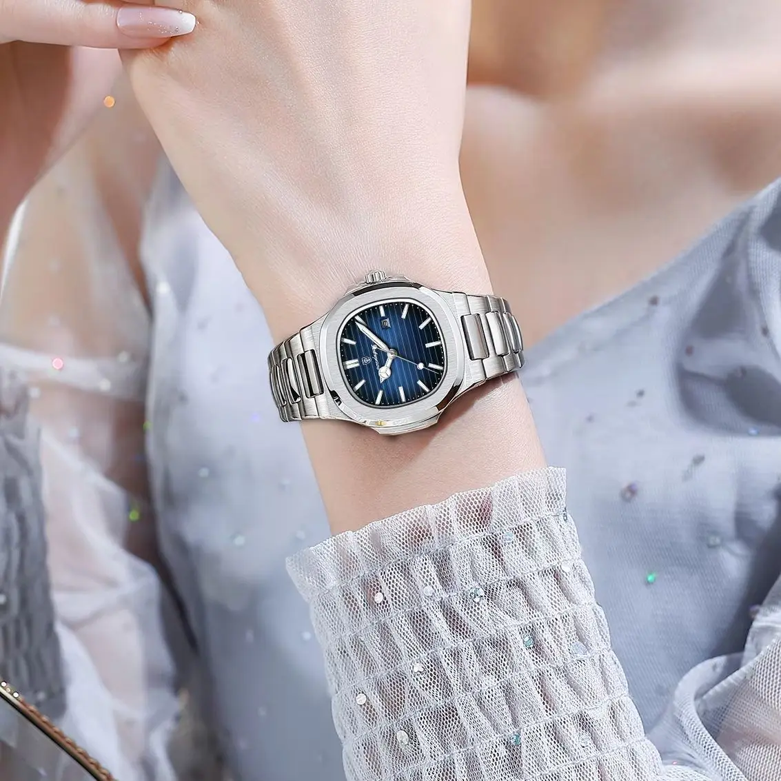 Womens Watch Waterproof Luminous Calendar Square Stainless Steel Quartz