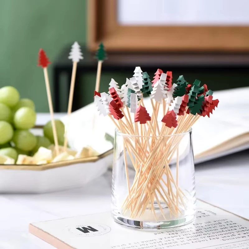 50Pcs Christmas Bamboo Skewer Cocktail Picks Cupcake Topper Disposable Food Dessert Toothpicks Fruit Sticks Party Supplies