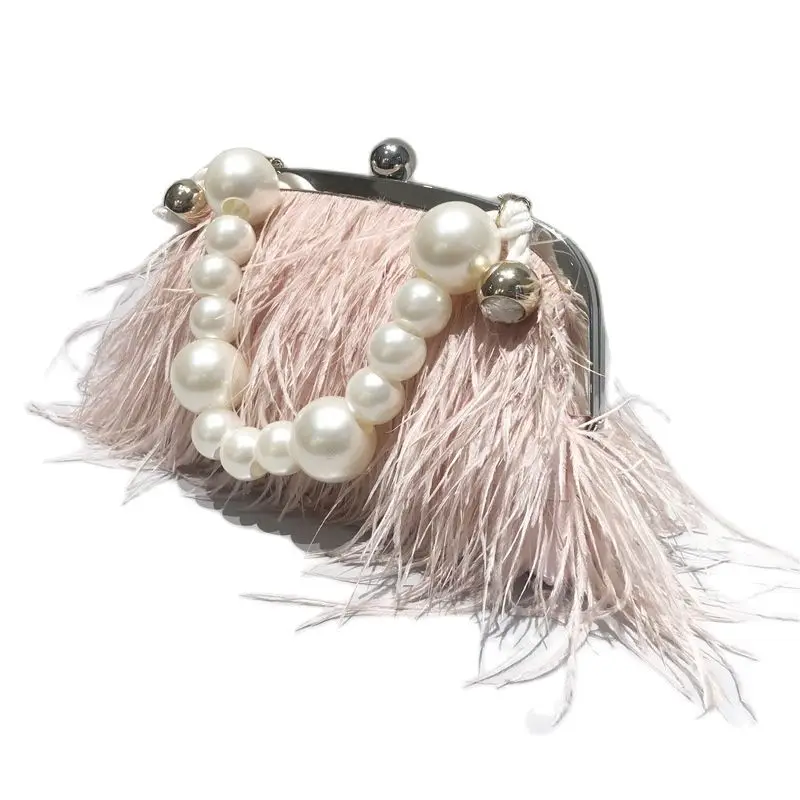 

Fashion Handbag Turkey Feather Pearl Metal Chain Messenger Shoulder Bag Female Ostrich Feather Messenger Bag Cross Body Bag